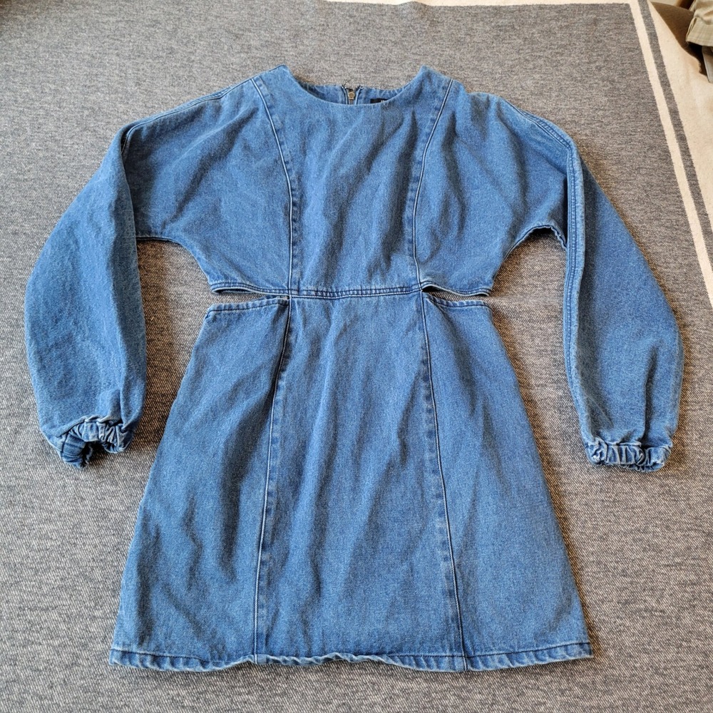 Forever 21 Denim Mini Dress Womens Large Blue Excellent Cut Out Long Sleeve
